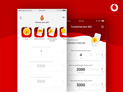 Customize your gift app customize days gift icons mared mass megabytes numbers offer red screen ui ux validity vodafone waves
