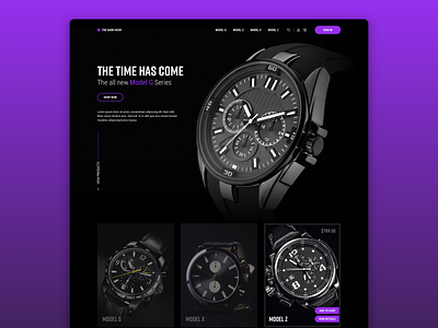 The Dark Hour black dark theme ecommerce ecommerce design landing page landing page design purple watches web design website