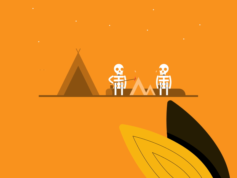 Camping beer buds camping fire friends halloween skeletons skulls tent weenies