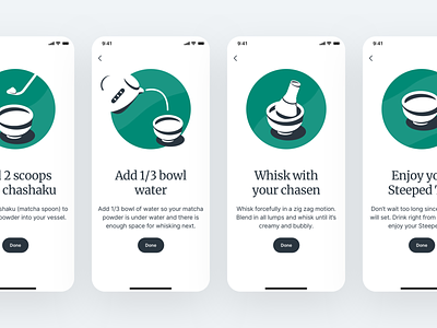 Steeped · Matcha Brewing Instructions app app design brewing clean drink icon illustration instructions ios matcha mobile mobile app onboarding tea typography ui ux