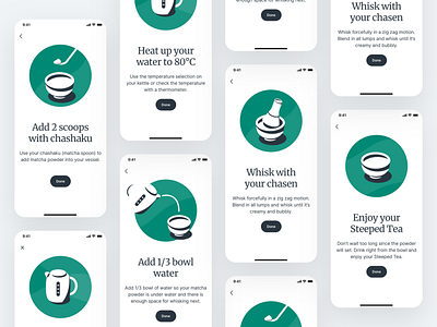 Steeped · Matcha Brewing Instructions app app design brewing clean drink illustration instructions ios matcha mobile mobile app onboarding tea typography ui ux