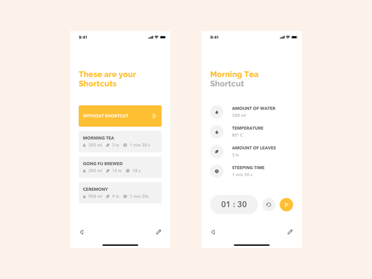 Tea Brewing Shortcut app clean concept daily design icon minimal mobile app shortcut tea timer typography ui ui design ux ux design yellow