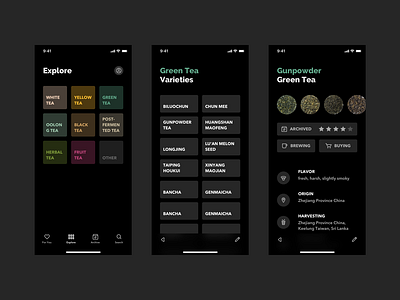 Explore Tea (Dark Mode) app app design clean concept daily dark mode dark theme dark ui minimal mobile app mobile design product design tea typography ui ui design ux ux design