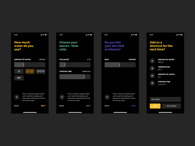 Tea Brewing Shortcut (Dark Mode) app clean concept daily dark mode dark theme design minimal mobile mobile app mobile design onboarding product design tea typography ui ui design ux ux design yellow