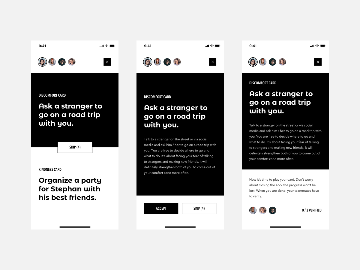 "Discomfort or Kindness" Game app app design black black and white card cards daily design discomfort flat game interface ios kindness minimal mobile product design typography ui ux