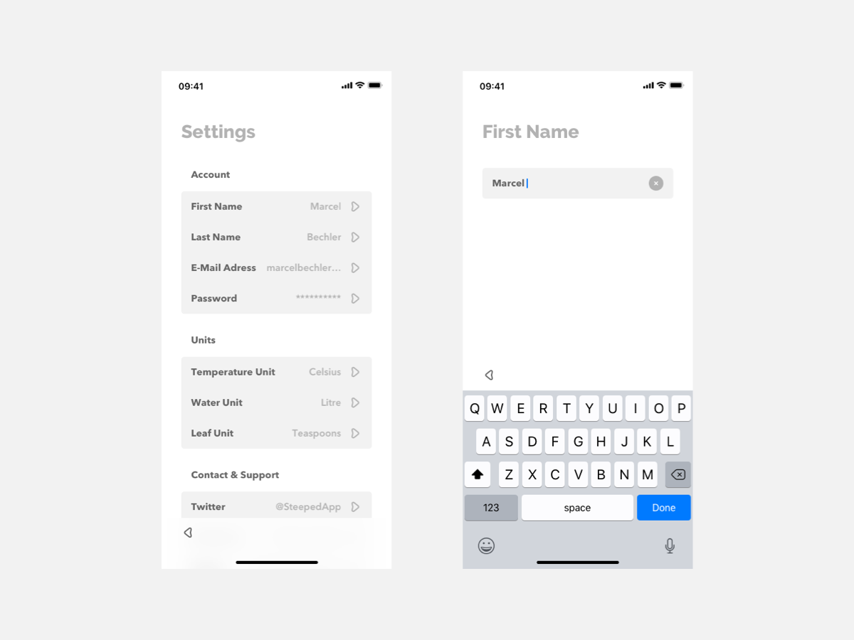 App Settings account app app design contact design e mail grey ios minimal mobile mobile app modern password settings support typography ui ui design ux ux design