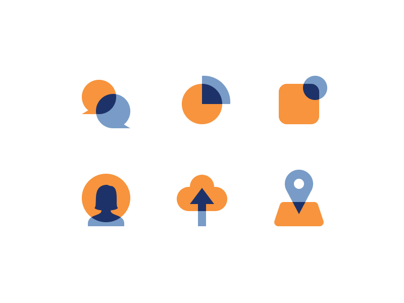 overprint icon exploration pin map upload user notification pie chart chat blue orange iconset icons overprint