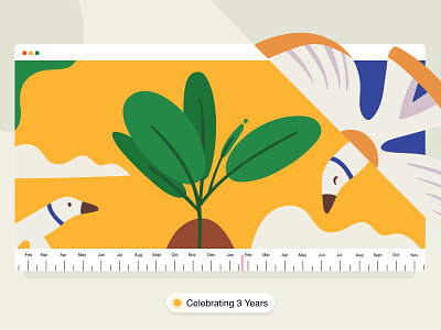 happy 3rd anniversary 🎉❤️ anniversary birds brucira celebrate cloud design illustration india leaf office timeline ui ux vector vector art