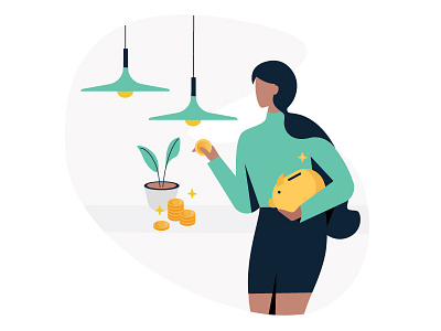 You’re ready to invest ! bank girl icon illustration investment lamp leaf money piggyback plant ui
