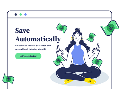 save automatically app claim design girl graphic icon illustration minimal money office relax save saving ui ux vector web yoga