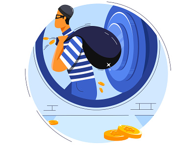 beware of thieves bank bitcoin boy coin design illustration money police thieves vector