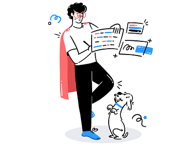 Manage your own task app boy card cart chill dog doodle art happy icon illustration line art office puppy study superhero task ui ux web workpalce