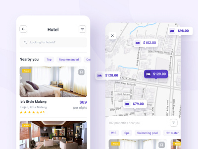 Hotel Category and Map screen | Mobile app apartment app booking clean flat hotel ios mobile property purple real estate rent room simple ui ui design ui ux design ux villa