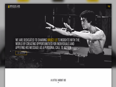 Bruce Lee Foundation black and white bruce lee flat header homepage martial arts minimal social good website