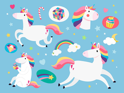 Sticker Pack | Cute Unicorn & Rainbow adobe collage cupcake cute art design design element free freebie graphic design illustration illustrator kawaii kit lovely pack rainbow set sticker unicorns vector
