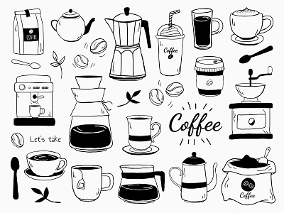 Cafe & Coffee Doodle Stickers | Black and White black and white cafe coffee coffee bean coffee lover coffee shop design design element doodle freebie graphic graphic design illustration illustrator kit pack set sticker vector