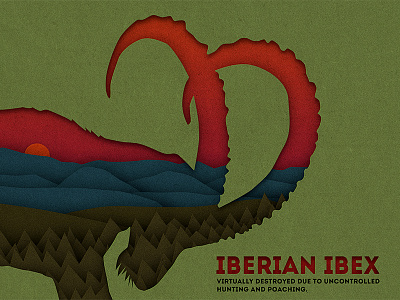 "Save the animals. Iberian Ibex" / social poster blue illustration brown cardboard forest green nature paper cutout red social poster sun vector