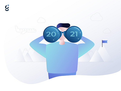 Looking to the future 2021 binoculars clouds future goals gradients illustration illustrator mountains plane predictions snow uncertainty winter