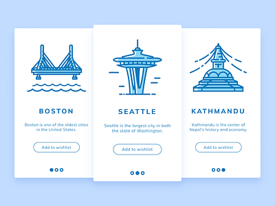 Travel App Onboarding app blue boston boudha clean daily ui challenge design flat illustration kathmandu minimal mobile nepal onboarding seattle tourism travel ui ux white