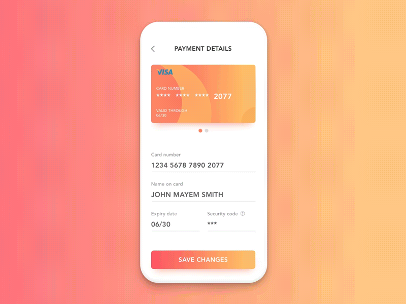 Credit Card Info Form UI Interaction animated animation app blue clean commerce credit card daily ui challenge design finance flat gradient interaction minimal motion orange payment ui ux white