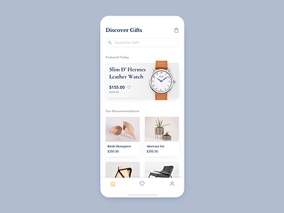 Daily UI #6: Gift App app clay clean daily ui challenge design ecommerce app flat furniture gift iphone minimal mobile orange serif font shopping ui ux watch white yellow