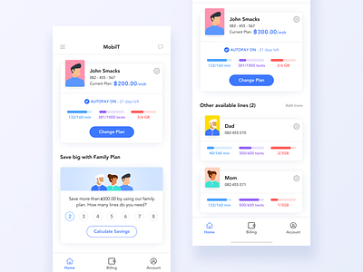 Mobile Operator Dashboard app avatar blue clean colorful daily ui challenge design family plan flat human illustration iphone minimal mobile mobile operator network sim ui ux white