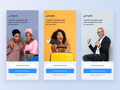 Dropisle Welcome Screens app blue clean daily ui challenge design dropisle ecommerce flat iphone login mobile peer to peer registration shopping sign in sign up ui ux welcome yellow