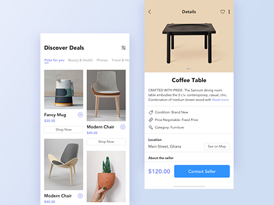 Dropisle Online Shopping App app blue clean daily ui challenge dashboard design dropisle ecommerce flat furniture iphone minimal mobile peer to peer product product detail shopping ui ux white