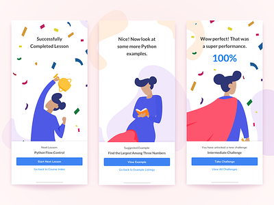 Completion Screens - Learn python achievement app blue clean completion daily ui challenge design education flat gamification hero human illustration learning app minimal mobile red ui ux white