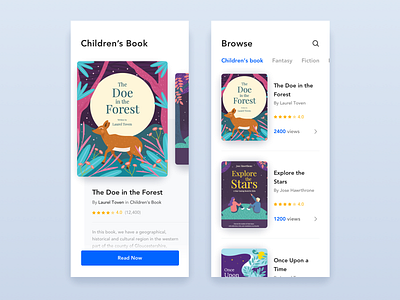 Reading Application app blue book cover book store childrens book childrens illustration clean daily ui challenge design education flat illustration library minimal mobile reading app reading list ui ux white