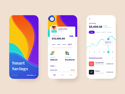 Bank App Concept app avatar banking business colorful daily ui challenge design financial flat gradient minimal money savings scheduled payments ui ux