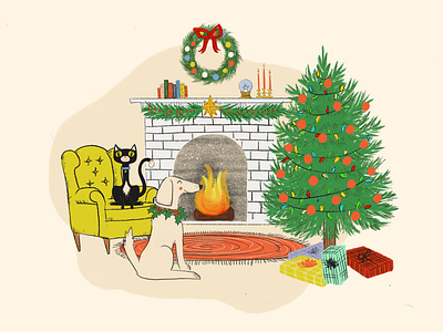 Holiday Fireside cat christmas dog fireplace hearth holiday home illustration mid century pets