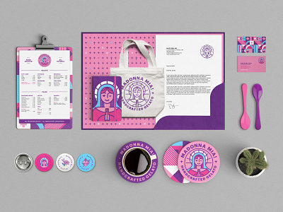 Madonna Mia! Branding bless blessed branding branding design business card coaster colour gelato geometric logo madonna madonna mia menu mockup pattern pins tote bag trendy