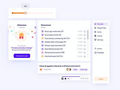 Education Dashboard Components app app design components courses download file manager minimal player popup product design progress indicator saas side menu sidebar uidesign videoplayer