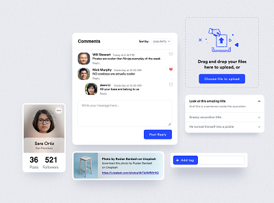 Social components accordion cardstock commenting components dashboard links minimalism product design tagging ui upload file uploading