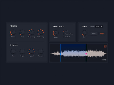 Granular Synthesis VST audio dark mode dark ui dashboard minimalism night mode product design skeuomorph skeuomorphic uidesign