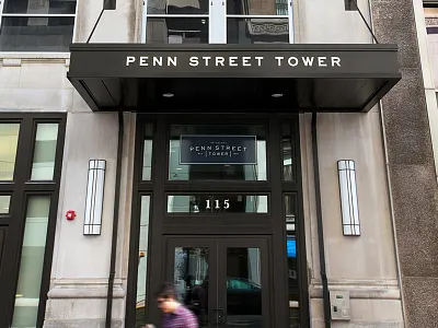 Penn Street Tower - Branding, Website & Collateral branding brochure exterior historic identity indianapolis logo signage ui website