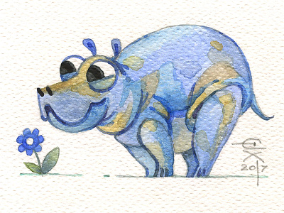 Cute hippopotamus aquarelle character cute flower happy hippopotamus watercolour