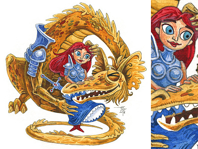 Dragon rider creature dragon fantasy fun girl illustration knight mythic redhead rider warior watercolour