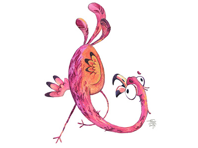Crazy Flamingo action animal aquarelle character cute flamingo fun funny happy illustration watercolors watercolour