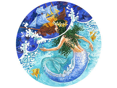 Little Mermaid andersen aquarelle book character coin fairytale illustration medal mermaid sea ship underwater water watercolor watercolour