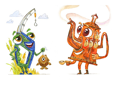 Characters for Mr Thistle the Wanderer aquarelle book character cute fairytale fish fun funny happy illustration kittle picturebook spining tea teapot watercolor watercolour