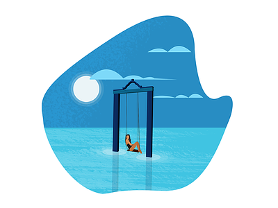Girl on swing in middle of sea beach character flat girl headphones illustration listen love player sea swing vector