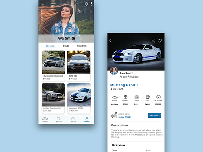 Car sell and buy app home page and product page UI