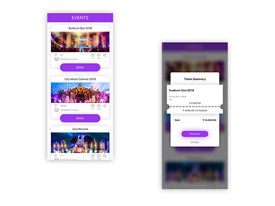 events list and booking popup UI android app colour design events icon ios ui uidesign ux
