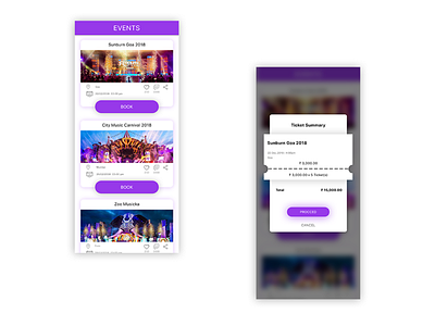 events list and booking popup UI