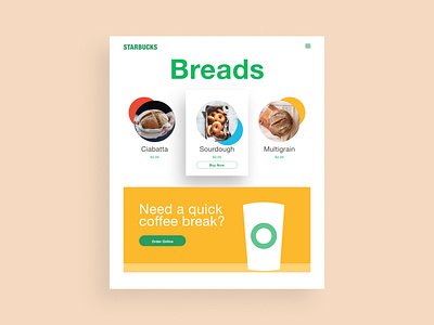 Breads app bread coffee design food green minimal starbucks type typography ui ux web website yellow
