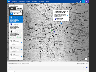 Store Locator blue finder locator map samsung store ui ux web