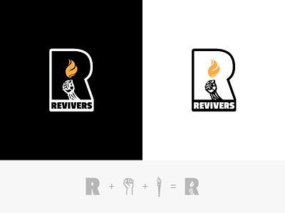 Revivers Logo Version 2 black brand and identity brand designer branding creative logo fist hand islamic letter r mark muslim revival soceity student sunnah torch university white yellow youth