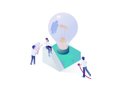 About Us Page Illustration blue bulb design finance fintech girl gradient green illustration isometric problem solving puzzle teal ui
